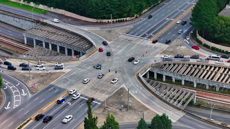 Driving-cars-on-large-highway-junction-in-american-town