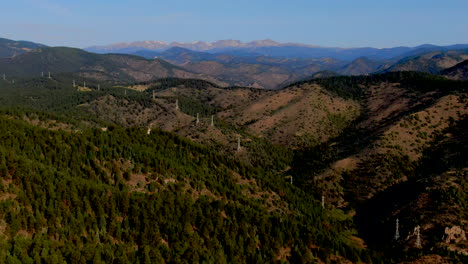 El-Rancho-Hojas-Perennes-Dorado-Genesse-Colorado-Reserva-De-Búfalos-Panorama-Escénico-Paisaje-Picos-Indios-Líneas-Eléctricas-Parque-Nacional-De-Las-Montañas-Rocosas-Verano-Mañana-Sol-Monte-Evans-Cielo-Azul-Panorámica-Hacia-La-Derecha