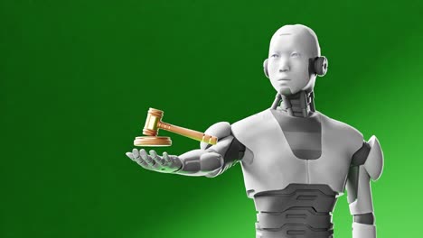 Robot-Cibernético-Humanoide-Sosteniendo-Un-Martillo-De-Juez-De-Justicia,-Inteligencia-Artificial-En-El-Debate-Judicial-Fondo-Verde-Escenario-Futurista