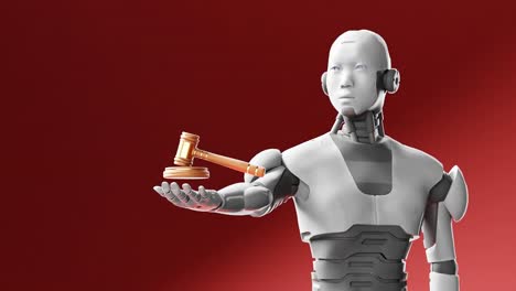 Robot-Cibernético-Humanoide-Sosteniendo-Un-Martillo-De-Justicia-De-Juez,-Inteligencia-Artificial-En-El-Debate-Judicial-Fondo-Rojo-Escenario-Futurista