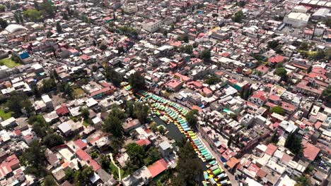 Birds-Eye-view-of-Xochimilco,-captured-by-drone,-in-southeastern-part-of-Mexico-City