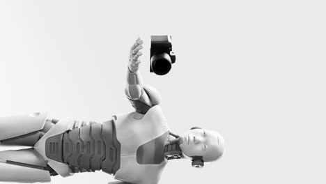 Prototipo-De-Robot-Cibernético-Humanoide-Que-Sostiene-Una-Cámara-Digital-De-Fotografía,-Inteligencia-Artificial-En-El-Campo-Artístico-De-Arte-Animación-De-Renderizado-3d-Vertical