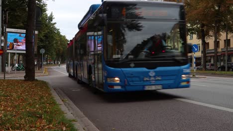 Nahaufnahme-Eines-Busses,-Der-Auf-Einer-Straße-In-Stockholm-Mit-Herbstlaub-Hält