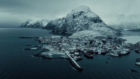 Aerial-view-of-Lofoten-Islands-beautiful-landscape-during-winter