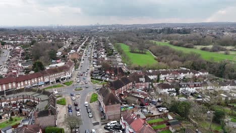 Ascending-drone,aerial-Streets-and-roads-Southgate-North-London-UK