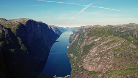 Panning-aerial-shot-over-a-large-Fjord-in-Norway