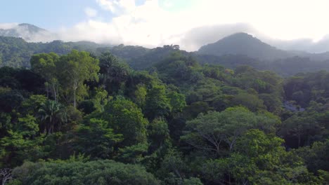 Slow-approaching-drone-shot-of-a-lush-rainforest,-against-a-background-of-mountains-and-the-cloudy-skies-located-in-Minca,-Colombia