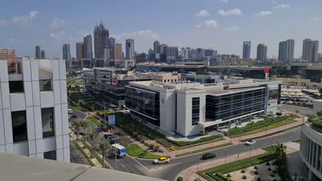 Dubai-Cityscape-Skyline-From-Media-City-District,-United-Arab-Emirates