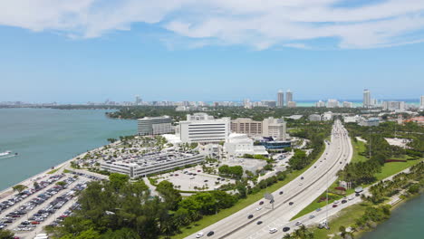 Miami,-Florida-USA,-Skolnick-Surgical-Tower-and-Mount-Sinai-Medical-Center-Healthcare-Buildings,-Drone-Shot