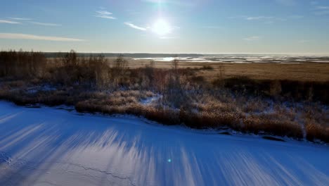 A-snowy-field-with-a-winding-river,-evergreen-trees,-and-a-distant-forest-range,-all-captured-from-an-aerial-view