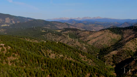 El-Rancho-Hoja-Perenne-Dorado-Genesse-Colorado-Reserva-De-Búfalo-Panorama-Escénico-Paisaje-Picos-Indios-Líneas-Eléctricas-Parque-Nacional-De-Las-Montañas-Rocosas-Verano-Mañana-Sol-Monte-Evans-Cielo-Azul-Movimiento-Hacia-Atrás