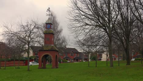 Park-With-Clock-Tower-In-Neighborhood-Of-Dalcassian-Downs-In-Cabra-East,-Dublin,-Ireland