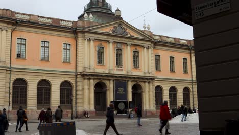 Swedish-Academy-building-in-winter-Stockholm,-static-establishing-shot