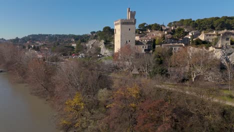 Aerial-view-of-the-Tour-Philippe-le-bel-tower-in-Avignon,-historical-landmark-France