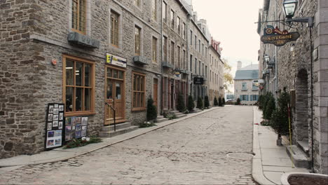 Quebec-City's-charming-Petit-Champlain-district-preparing-festive-Christmas-trees-lining-its-historic-cobblestone-streets