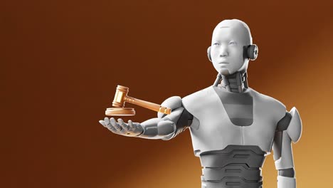 Humanoider-Cyber,-Der-Einen-Richterhammer-Hält,-Künstliche-Intelligenz-In-Der-Gerichtsdebatte,-Orangefarbener-Hintergrund,-Recht-Und-Gerechtigkeit-In-Einem-Futuristischen-Szenario,-3D-Rendering-Animation