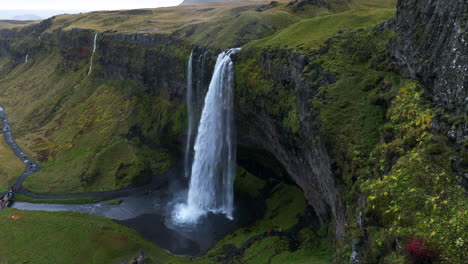 Famous-Seljalandsfoss-Waterfall-In-Iceland---Aerial-Drone-Shot