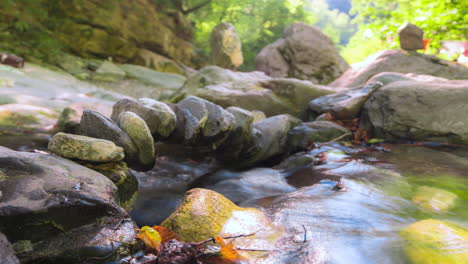 Stream-flowing-through-rocky-creek-in-lush-forest,-sunlight-dappling,-time-lapse