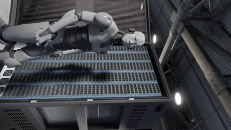 Cyborg-Humanoid-Im-Server-Internet-Hi-Tech-Raum,-Der-Das-Konzept-Der-Künstlichen-Intelligenz-Bei-Der-Geburt-übernimmt,-In-3D-Rendering-Animation,-Cybersicherheitskrieg-Vertikal