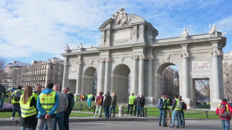 Spanish-farmers-and-agricultural-unions-gather-at-Plaza-de-la-Independencia-Square,-also-known-as-Puerta-de-Alcalá,-in-Madrid-to-protest-against-unfair-competition-and-agricultural-policies