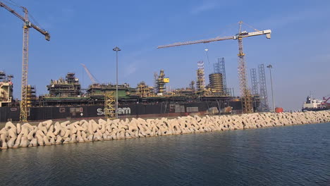 Dubai-UAE,-Ship-in-Shipyard,-Cranes-and-Construction-SIte,-Panorama