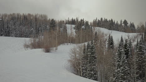 Espe-Buttermilch-Snowmass-Highlands-Ajax-Colorado-Ski-Snowboard-Trail-Run-Wald-X-Games-Winter-Bewölkt-Neuschnee-Pulver-Sessellift-Malerische-Aussicht-Landschaft-Glatt-Kardanisch-Schwenk-Nach-Rechts-Zeitlupe