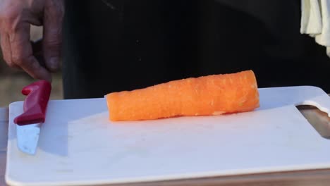 Nahaufnahme-Der-Hände-Des-Küchenchefs-Beim-Karottenschneiden