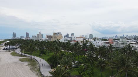 Aerial-View-of-Ocean-Drive-Buildings-and-Park-by-South-Beach,-Miami-Florida-USA