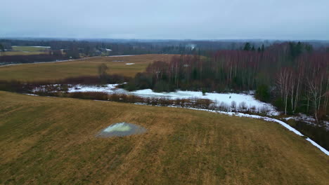 Fields-and-forest-in-early-spring-with-frozen-swamps,-aerial-view