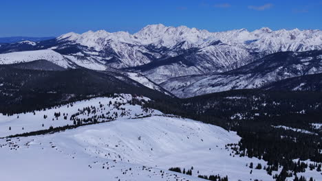 Backcountry-Winter-Vail-Pass-Colorado-aerial-drone-i70-Uneva-Red-Indian-Peaks-Rocky-Mountains-landscape-Ptarmigan-Hill-sunny-morning-blue-sky-fresh-snow-snowboard-ski-snowmobile-circle-left-motion