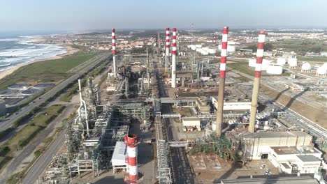 Aerial-Birds-Eye-Drone-View-of-a-Large-Chemical-Products-Refinery-in-Matosinhos,-Portugal