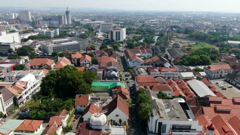 Church-cupola-and-cityscape-of-Semarang,-aerial-drone-view