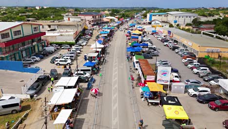 Aerial-dolly-above-Carnaval-grand-march-audience-lined-along-road-of-Curacao