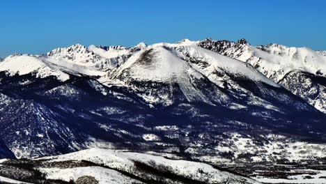 Frisco-Silverthorne-Breckenridge-Tenmile-peak-Colorado-aerial-drone-Red-Buffalo-Rocky-Mountains-landscape-winter-sunny-clear-morning-blue-sky-fresh-snow-circle-right-movement