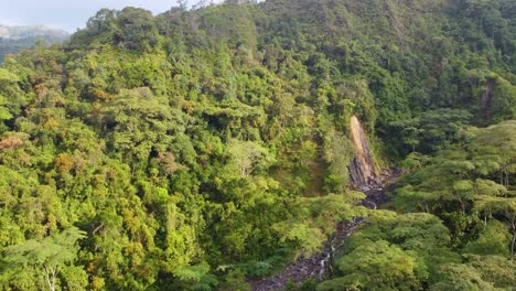 Aerial-landscape-view-over-a-stream-flowing-through-the-Amazon-Rainforest-lush-vegetation,-in-Colombia