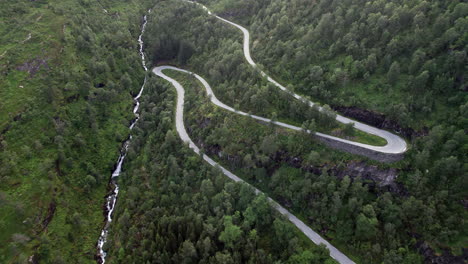 Aerial-view,-tracking-over-a-winding-serpentine-road-with-thick-trees-and-grass-on-either-side