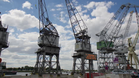Antwerp,-Belgium---Historical-Harbor-Cranes-Located-in-Antwerp's-Old-Port---Panning-Shot