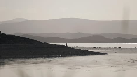 Silhouetten-Einer-Person-Und-Eines-Hundes,-Die-Am-Felsigen-Strand-Eines-Norwegischen-Fjords-Entlang-Schlendern