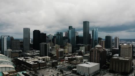 Aerial-shot-pulling-away-from-Houston's-downtown-skyscrapers