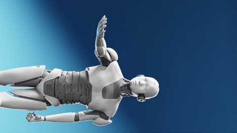 Prototipo-De-Cyborg-Humanoide-Moviendo-El-Brazo-Y-Mostrando-El-Espacio-Vacío-De-La-Mano-De-La-Palma-Para-Agregar-Objetos,-Fondo-De-Cielo-Azul,-Concepto-De-Inteligencia-Artificial-De-Escenario-De-Tarea-Futurista-Representación-3d-Vertical