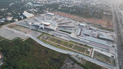 Aerial-Drone-Shot-of-Newly-Build-Bus-Station-Look-like-Sunset