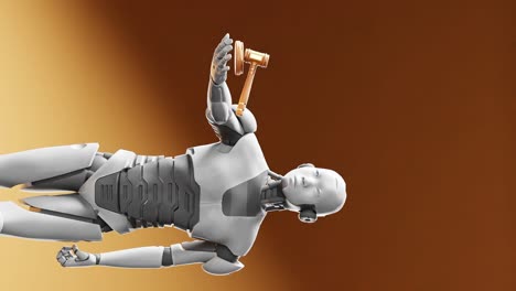 Humanoider-Cyber-Roboter-Mit-Einem-Richterhammer,-Künstliche-Intelligenz-In-Der-Gerichtsdebatte,-Orangefarbener-Hintergrund,-Recht-Und-Gerechtigkeit-In-Einem-Futuristischen-Szenario,-Vertikale-3D-Rendering-Animation