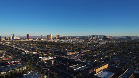 Las-Vegas-Nevada-USA-Cityscape-Skyline,-Aerial-View-on-Golden-Hour-Sunlight,-Drone-Shot