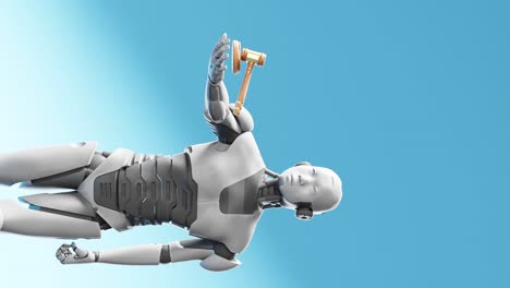 Vertical-Del-Prototipo-De-Robot-Cibernético-Humanoide-Sosteniendo-Un-Martillo-De-Justicia-De-Juez,-Inteligencia-Artificial-En-El-Debate-Judicial-Fondo-Azul