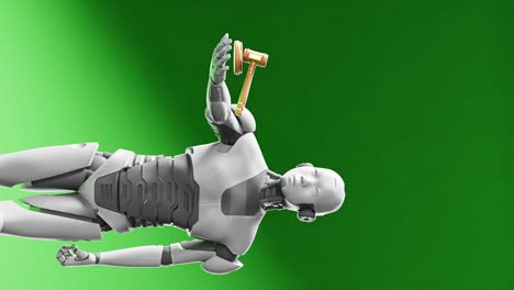 Vertikaler-Prototyp-Eines-Humanoiden-Cyber-Roboters,-Der-Einen-Richterhammer-Hält,-Künstliche-Intelligenz-In-Einer-Gerichtsdebatte-Auf-Grünem-Hintergrund
