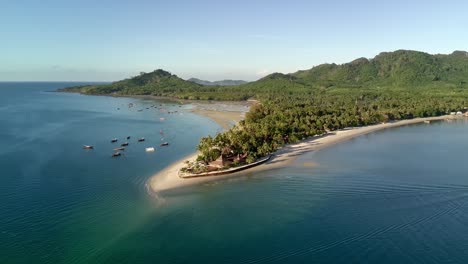 Orbit-drone-shot-of-Siwalai-beach-on-Koh-Mook-tropical-island-in-Andaman-sea-in-Trang,-southern-Thailand