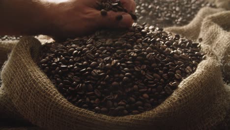 Hand-slowly-picking-up-fresh-roasted-coffee-beans-from-linen-bag-in-warm-warehouse-atmosphere,-beans-falling-back-down,-slow-motion