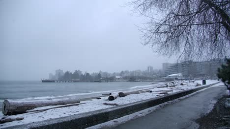 West-Vancouver-Beach-Seaside-on-a-Snowy-Winter-Day,-Static-Slow-Motion
