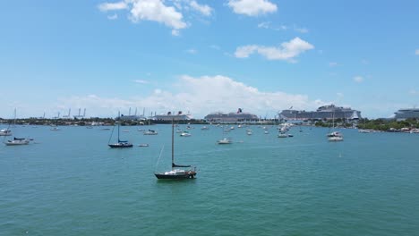 Aerial-View-of-Sailing-Boats-in-Biscayne-Bay-and-Cruise-Ships-in-Port-Terminal