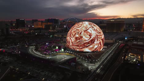 Panoramic-drone-shot-circling-the-Sphere-and-the-Formula-1-circuit-of-Las-Vegas